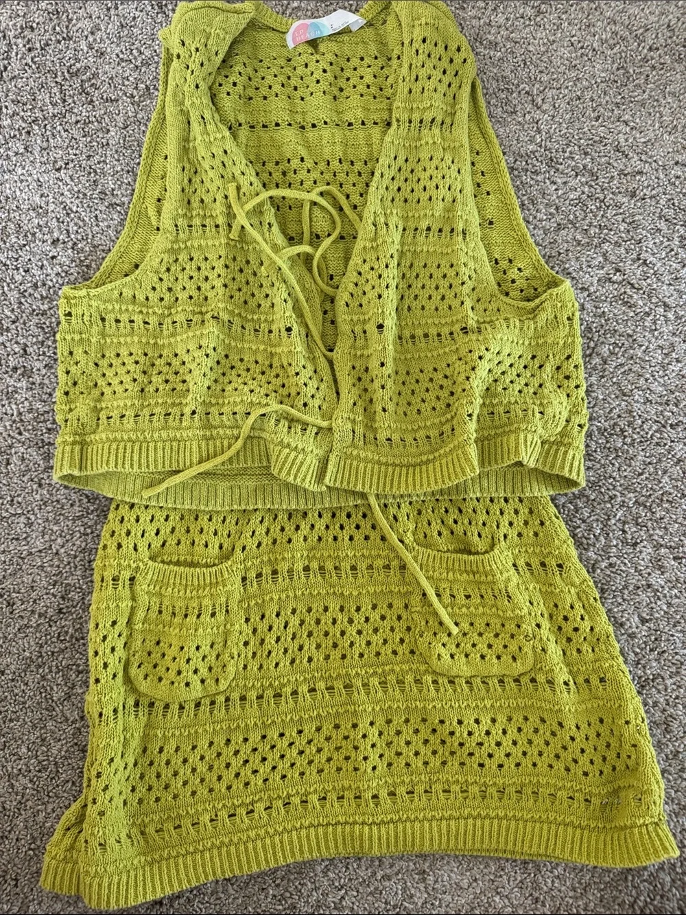 Free People Beach Crochet Knit Lime Green Two-Piece Vest & Skirt Set